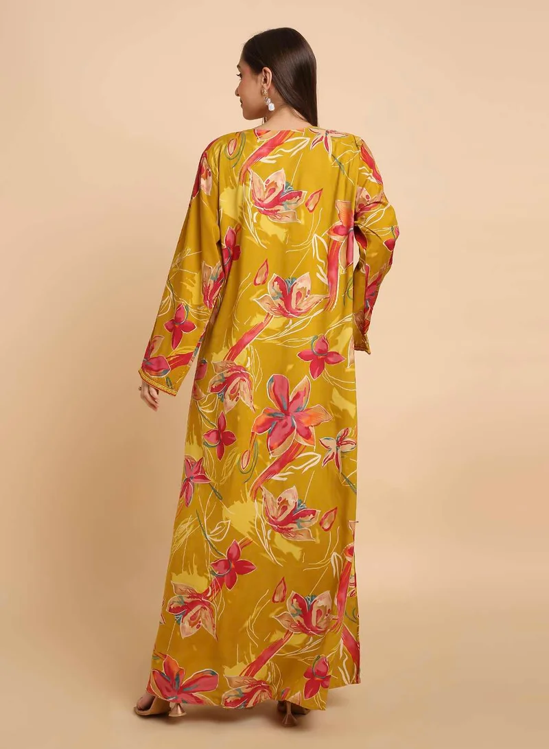 HANA & SARA Womens Printed Arabic Jalabiya Dress with Flowing Full Length Fit