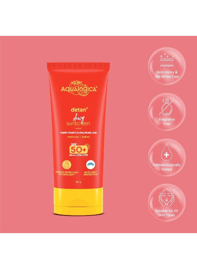 أكوالوجيكا كريم الوقاية من الشمس Aqualogica Detan+ Dewy مع الطماطم الكرزية وحمض الهيالورونيك مع عامل حماية من الشمس SPF 50 وPA++++ - 80 جم - Image 5
