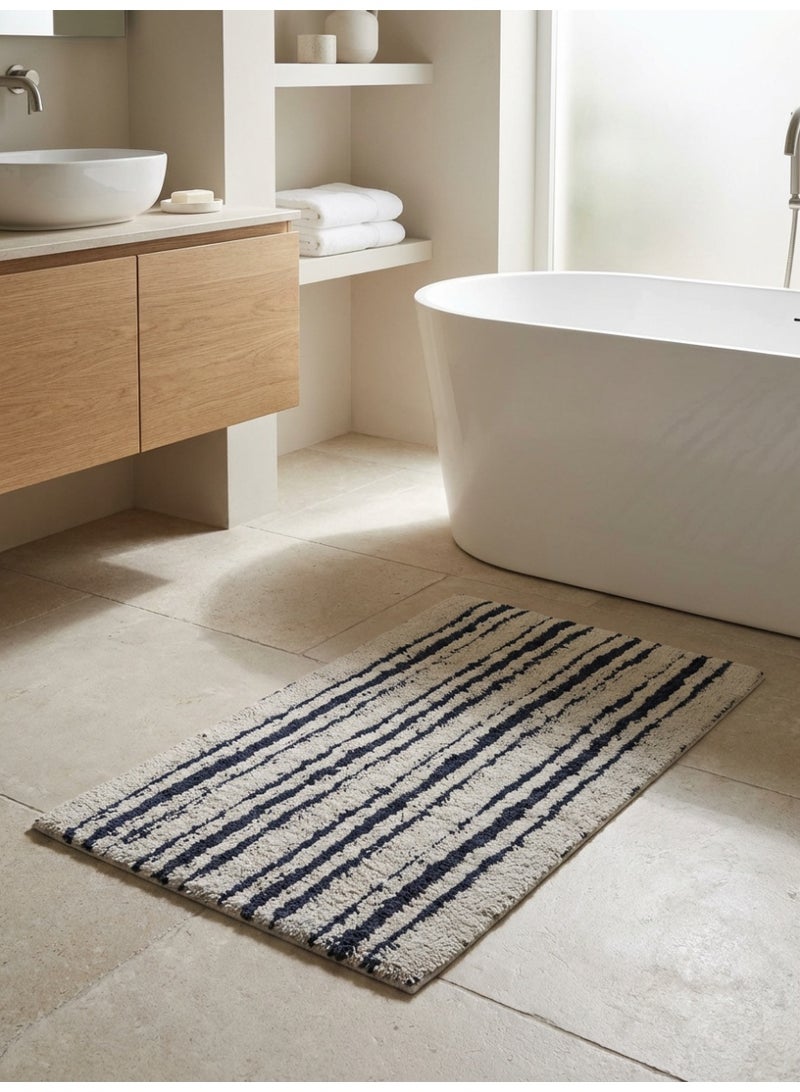 Ambrosia 50 x 80 cm 100% Pure Cotton Lines Tufted Cotton Bathmat Navy Blue Striped Anti Skid Backing Water Absorbent Quick Dry Plush bath mat For Shower Floor - Image 4