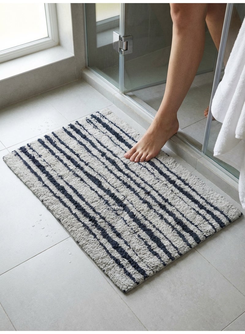 Ambrosia 50 x 80 cm 100% Pure Cotton Lines Tufted Cotton Bathmat Navy Blue Striped Anti Skid Backing Water Absorbent Quick Dry Plush bath mat For Shower Floor - Image 3