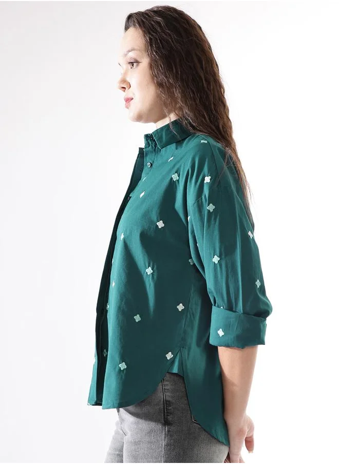 HIGH STAR Oversized Deep Teal Poplin Embroidered Long Sleeves Woven Button Down with Button Closure Regular Length Spread Collar Shirt Collar - Ideal for Casual - A Must-Have for Your Wardrobe!