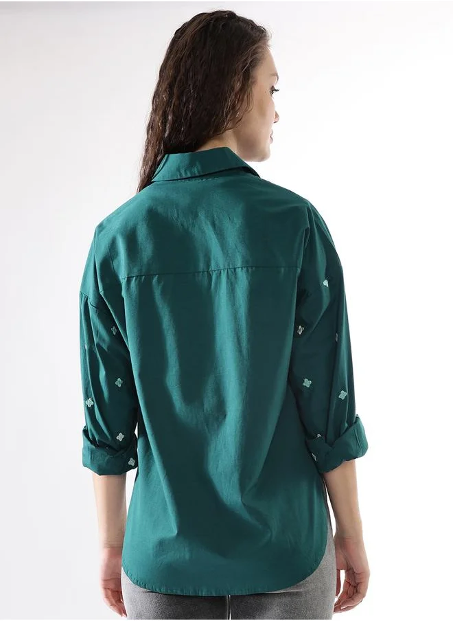 HIGH STAR Oversized Deep Teal Poplin Embroidered Long Sleeves Woven Button Down with Button Closure Regular Length Spread Collar Shirt Collar - Ideal for Casual - A Must-Have for Your Wardrobe!