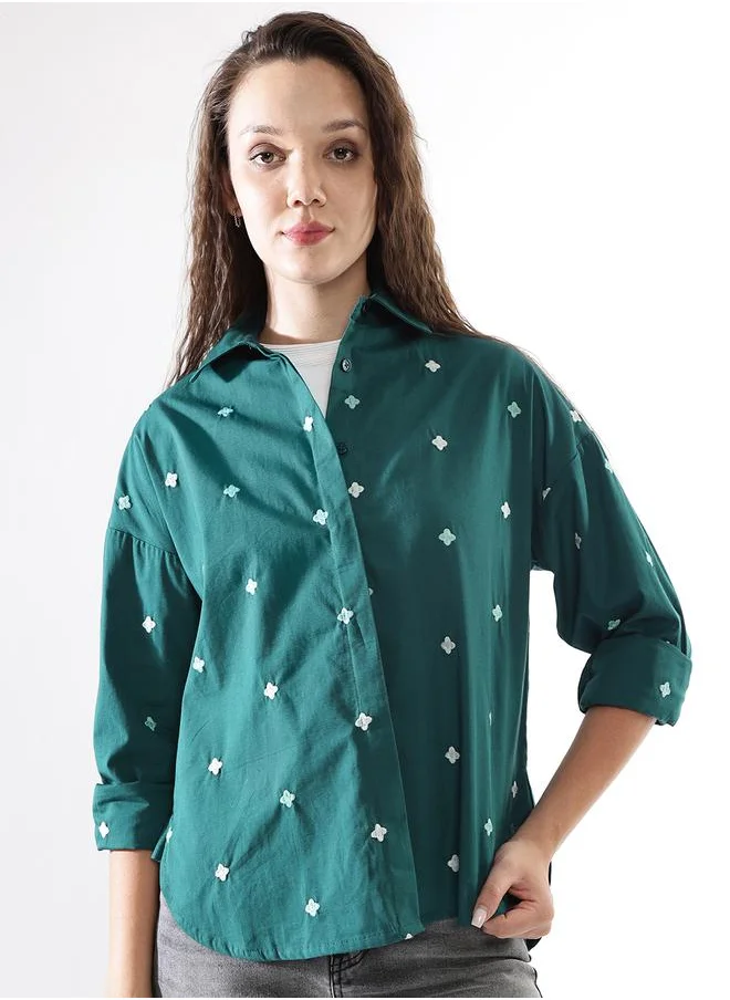 HIGH STAR Oversized Deep Teal Poplin Embroidered Long Sleeves Woven Button Down with Button Closure Regular Length Spread Collar Shirt Collar - Ideal for Casual - A Must-Have for Your Wardrobe!