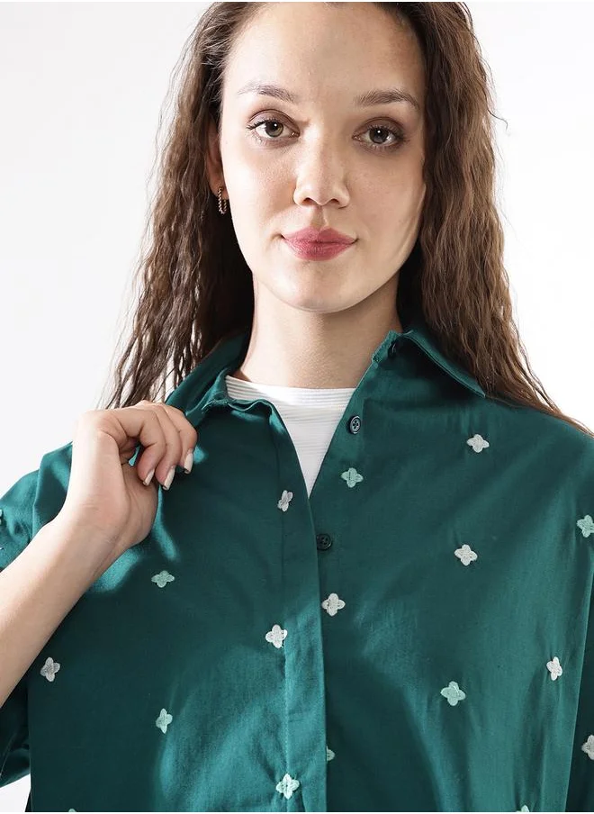 HIGH STAR Oversized Deep Teal Poplin Embroidered Long Sleeves Woven Button Down with Button Closure Regular Length Spread Collar Shirt Collar - Ideal for Casual - A Must-Have for Your Wardrobe!