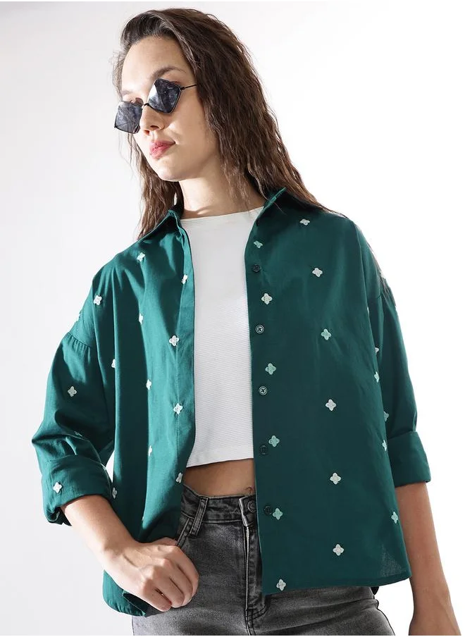 HIGH STAR Oversized Deep Teal Poplin Embroidered Long Sleeves Woven Button Down with Button Closure Regular Length Spread Collar Shirt Collar - Ideal for Casual - A Must-Have for Your Wardrobe!