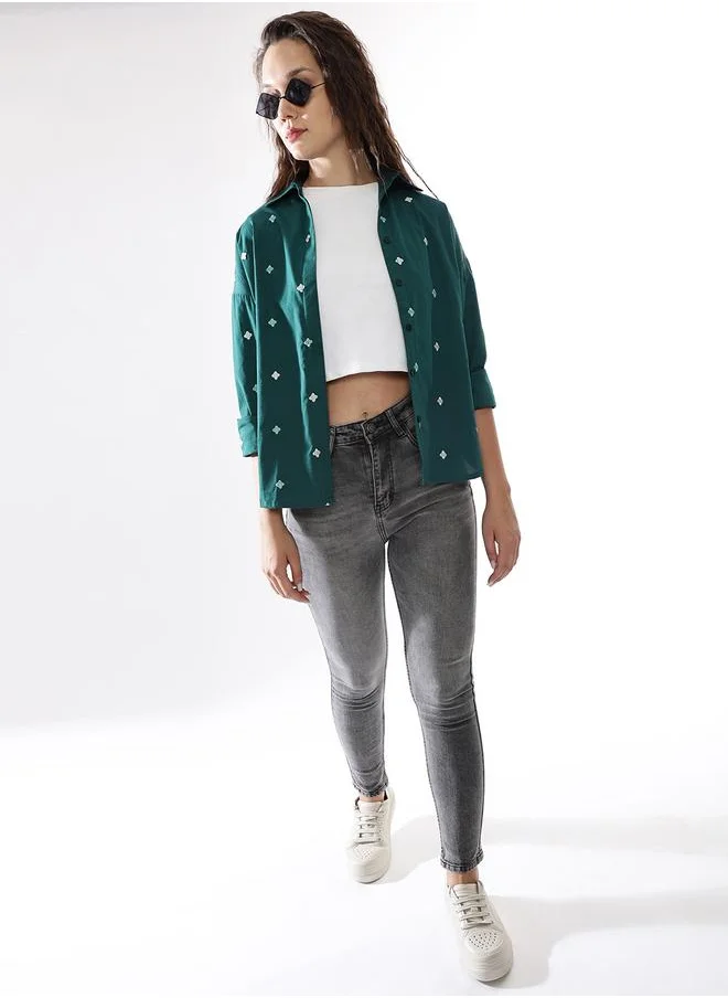HIGH STAR Oversized Deep Teal Poplin Embroidered Long Sleeves Woven Button Down with Button Closure Regular Length Spread Collar Shirt Collar - Ideal for Casual - A Must-Have for Your Wardrobe!