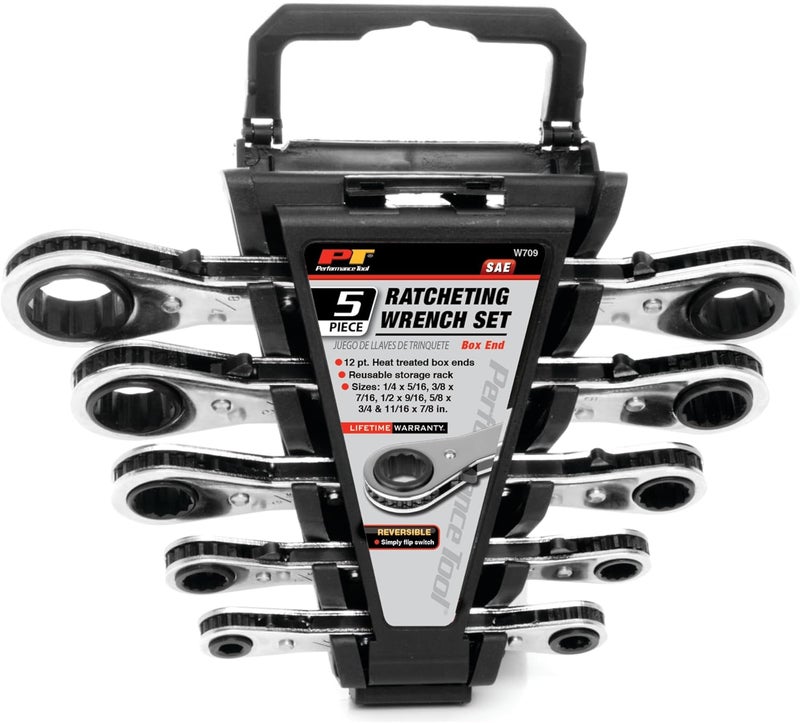 Performance Tool W709 SAE Reversible Ratcheting Wrench Set with 12 Point Box Ends, 5 Piece, 1/4-Inch to 11/16-Inch Sizes and Reusable Storage Rack - Image 3