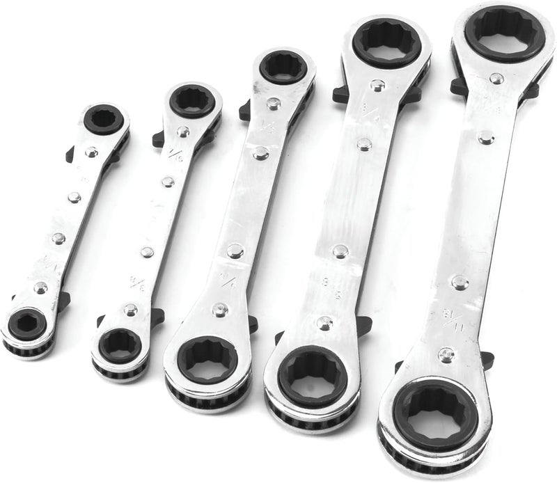 Performance Tool W709 SAE Reversible Ratcheting Wrench Set with 12 Point Box Ends, 5 Piece, 1/4-Inch to 11/16-Inch Sizes and Reusable Storage Rack - Image 1