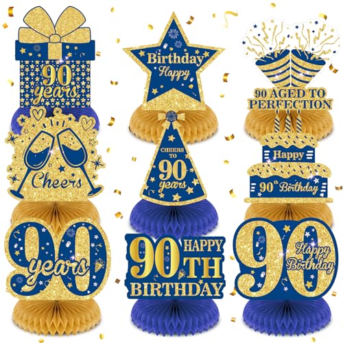 Wayyogh 9Pcs Blue 90th Birthday Decorations Navy Blue Gold 90th Honeycomb Centerpieces for Table Decor Happy 90th Birthday Decorations for Men Women Anniversary Party Favors Supplies Event Cheer to 90 Years - Image 1