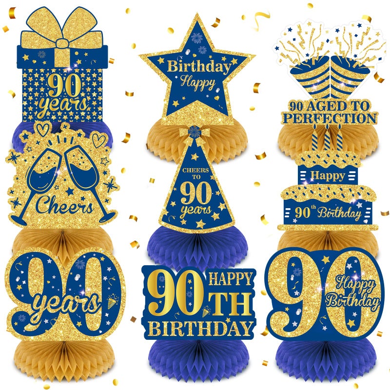 Wayyogh 9Pcs Blue 90th Birthday Decorations Navy Blue Gold 90th Honeycomb Centerpieces for Table Decor Happy 90th Birthday Decorations for Men Women Anniversary Party Favors Supplies Event Cheer to 90 Years - Image 3
