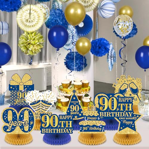 Wayyogh 9Pcs Blue 90th Birthday Decorations Navy Blue Gold 90th Honeycomb Centerpieces for Table Decor Happy 90th Birthday Decorations for Men Women Anniversary Party Favors Supplies Event Cheer to 90 Years - Image 5
