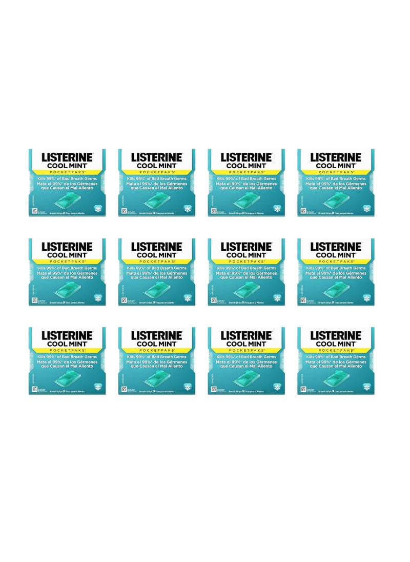 Listerine - Listerine Cool Mint PocketPaks Portable Breath Strips for Bad Breath, Fresh Breath Strips Dissolve Instantly to Kill 99% of Bad Breath Germs* On-The-Go, Cool Mint, 12 Pack - Image 1