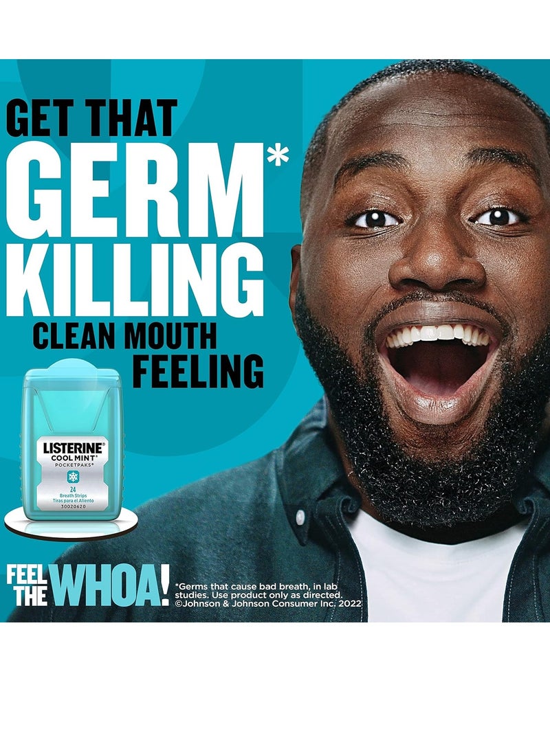 Listerine - Listerine Cool Mint PocketPaks Portable Breath Strips for Bad Breath, Fresh Breath Strips Dissolve Instantly to Kill 99% of Bad Breath Germs* On-The-Go, Cool Mint, 12 Pack - Image 1