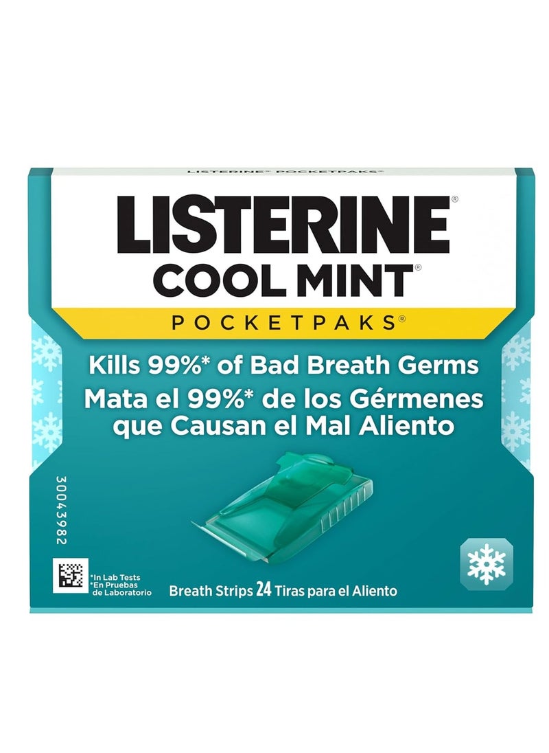 Listerine - Listerine Cool Mint PocketPaks Portable Breath Strips for Bad Breath, Fresh Breath Strips Dissolve Instantly to Kill 99% of Bad Breath Germs* On-The-Go, Cool Mint, 12 Pack - Image 1
