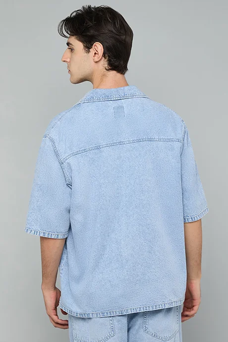 R&b Washed Denim Shirt with Classic Collar and Short Sleeves
