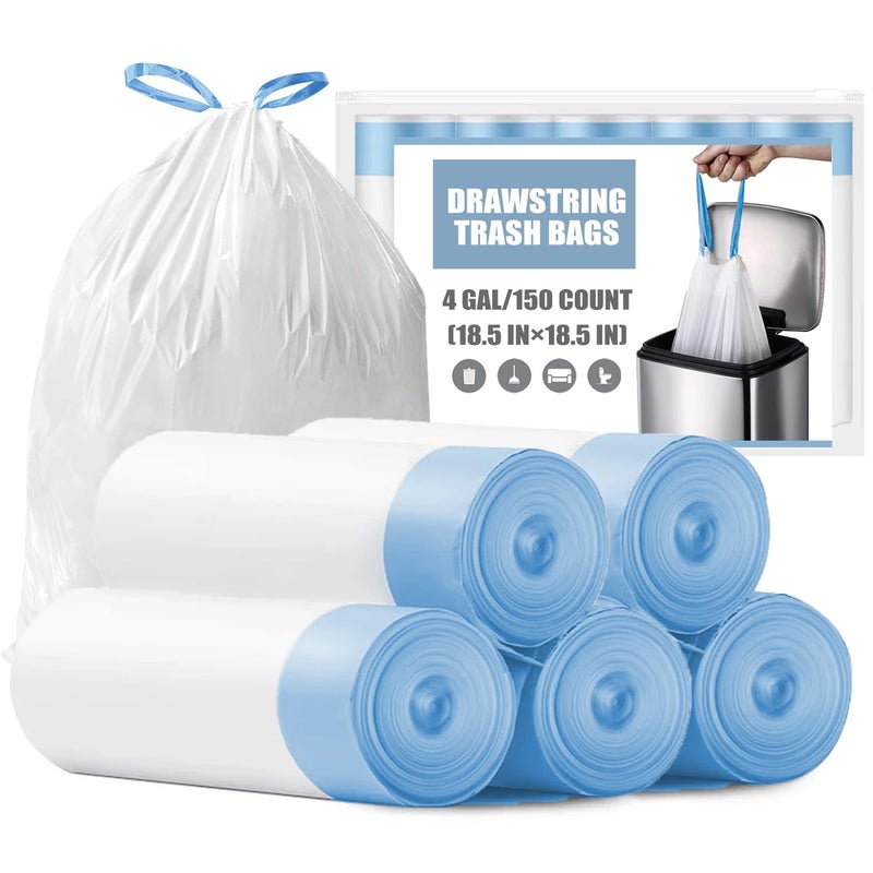 BENEVAL Small Trash Bags 4 Gallon - 150 Count Drawstring 4 Gallon Trash Bag, Tear-Free 4 Gal Small Garbage Bags for Office Bedroom Bathroom Trash Bags, Unscented White 4 Gal Trash Can Liners - Image 1