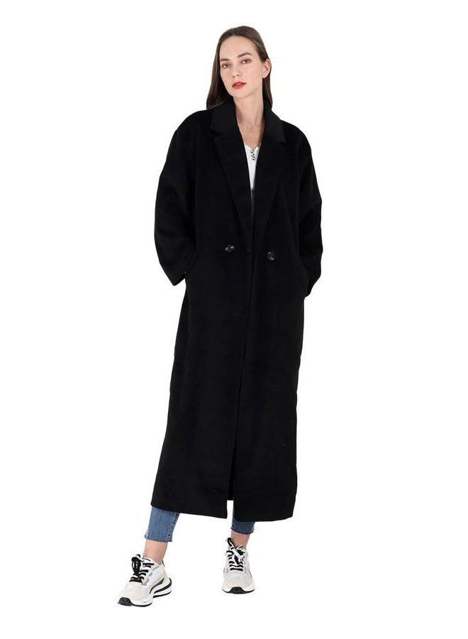 CHARTOU Women's Oversized Notched Collar Wool Blend Single Breast Midi Long Trench Coat, Black, Large - Image 2