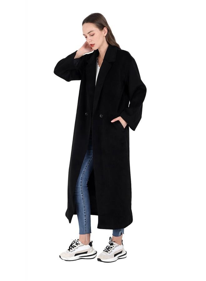 CHARTOU Women's Oversized Notched Collar Wool Blend Single Breast Midi Long Trench Coat, Black, Large - Image 3