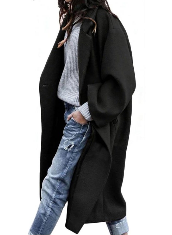 CHARTOU Women's Oversized Notched Collar Wool Blend Single Breast Midi Long Trench Coat, Black, Large - Image 1