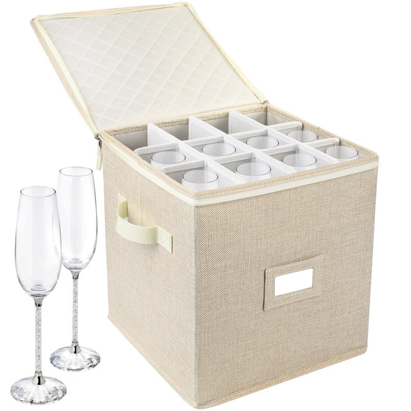 LotFancy Champagne Flute Storage Container for Moving Hard Shell Stackable 12 Tall Stemware Storage Box with Dividers Handles Wine Glass Crystal Glassware Drinkware Case Beige - Image 2