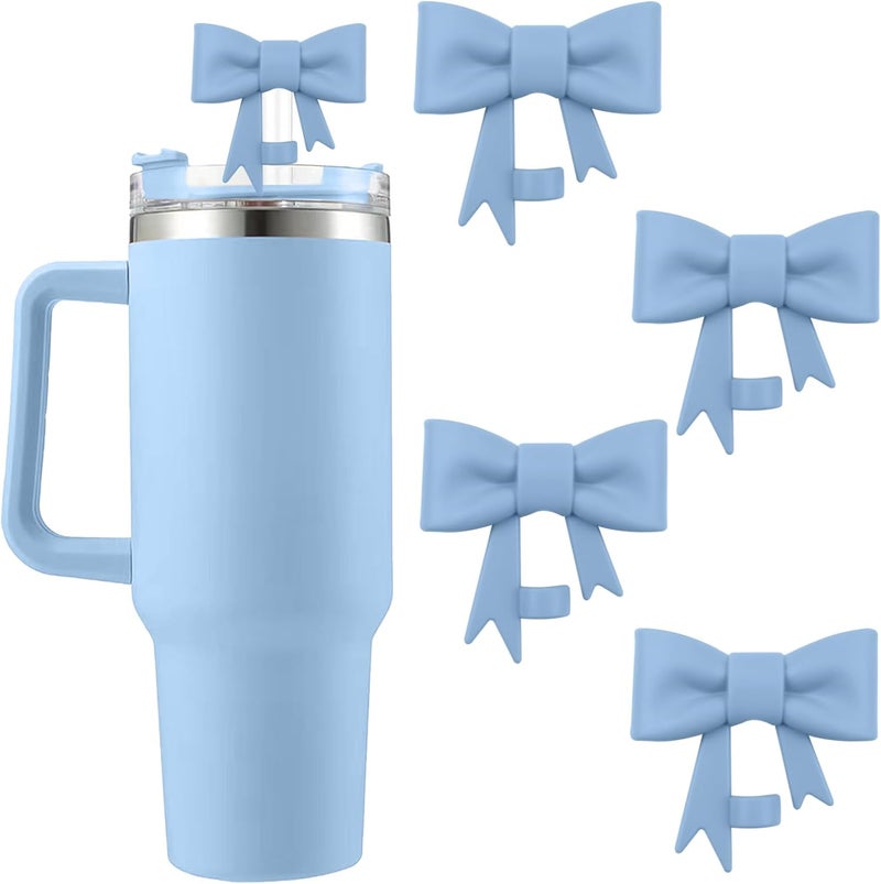 Hpebl 4Pcs Silicone Straw Toppers Covers for Stanley Cups 40/30oz 10mm(0.4in) Dust-Proof Bow Straw Covers Toppers Suitbale for Stanley Cup Accessories Reusable Straws Caps (Mist Blue) - Image 1