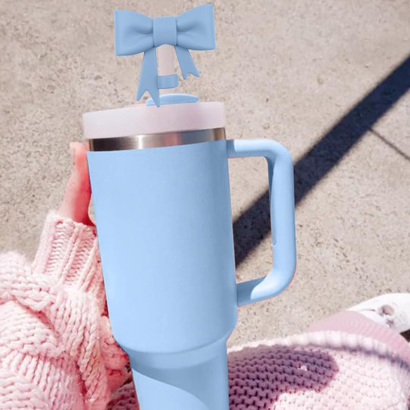 Hpebl 4Pcs Silicone Straw Toppers Covers for Stanley Cups 40/30oz 10mm(0.4in) Dust-Proof Bow Straw Covers Toppers Suitbale for Stanley Cup Accessories Reusable Straws Caps (Mist Blue) - Image 5