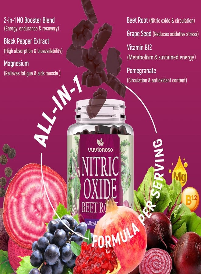 Vuvionoso Nitric Oxide Beet Root Gummies 6000mg – Nitric Oxide Booster with Organic Beet Root, Grapeseed, Pomegranate, Vitamin C & B12 – Sugar-Free Beet Chewables Mixed Berry Flavor – 60 Gummies - Image 4