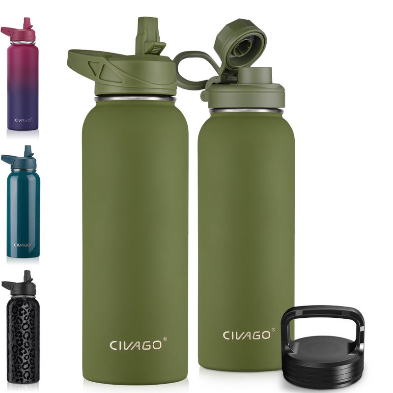 CIVAGO 40 oz Insulated Water Bottle With Straw  Stainless Steel Sports Water Cup Flask with 3 Lids (Straw  Spout and Handle Lid)  Double Walled Travel Thermal Canteen Mug  Army Green