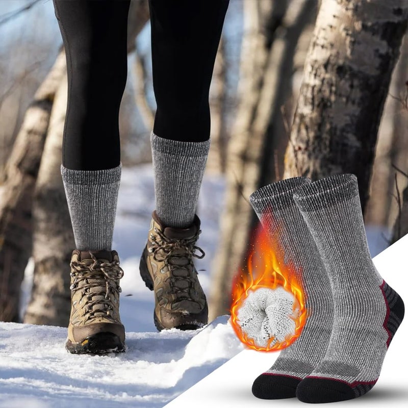 floconssy Merino Wool Hiking Socks Outdoor Cushioned Thermal Warm Winter Boot Crew Socks for Men & Women 3 Pairs Black Red Size 10-13 - Image 2