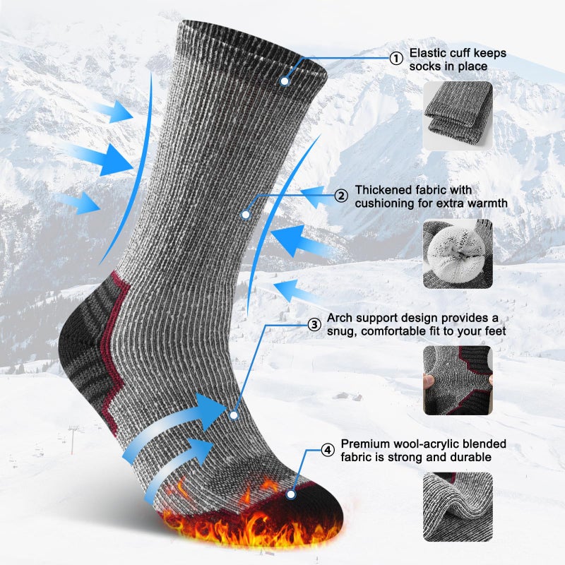 floconssy Merino Wool Hiking Socks Outdoor Cushioned Thermal Warm Winter Boot Crew Socks for Men & Women 3 Pairs Black Red Size 10-13 - Image 4