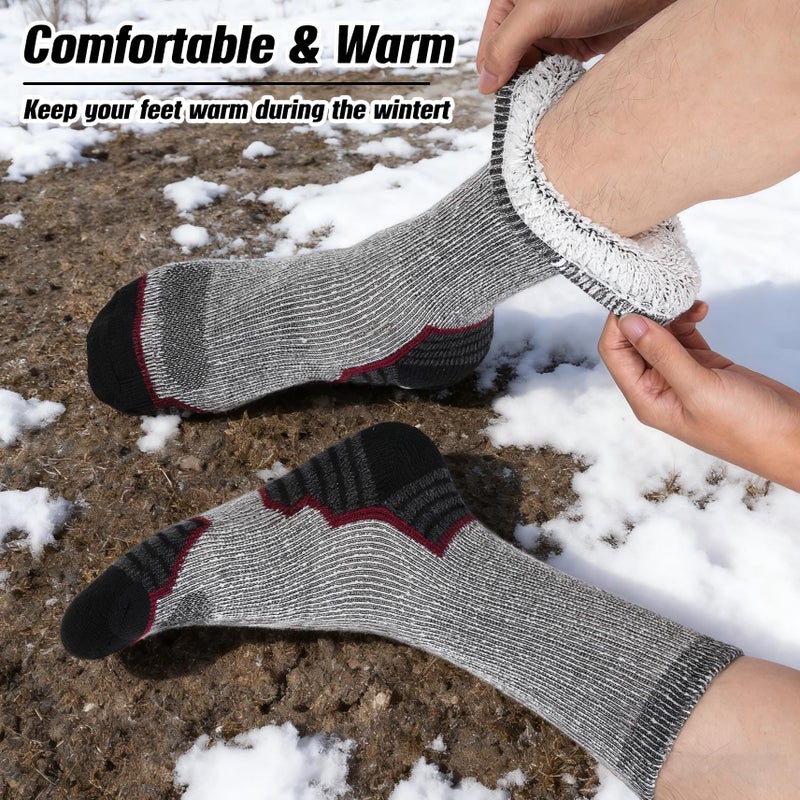 floconssy Merino Wool Hiking Socks Outdoor Cushioned Thermal Warm Winter Boot Crew Socks for Men & Women 3 Pairs Black Red Size 10-13 - Image 5