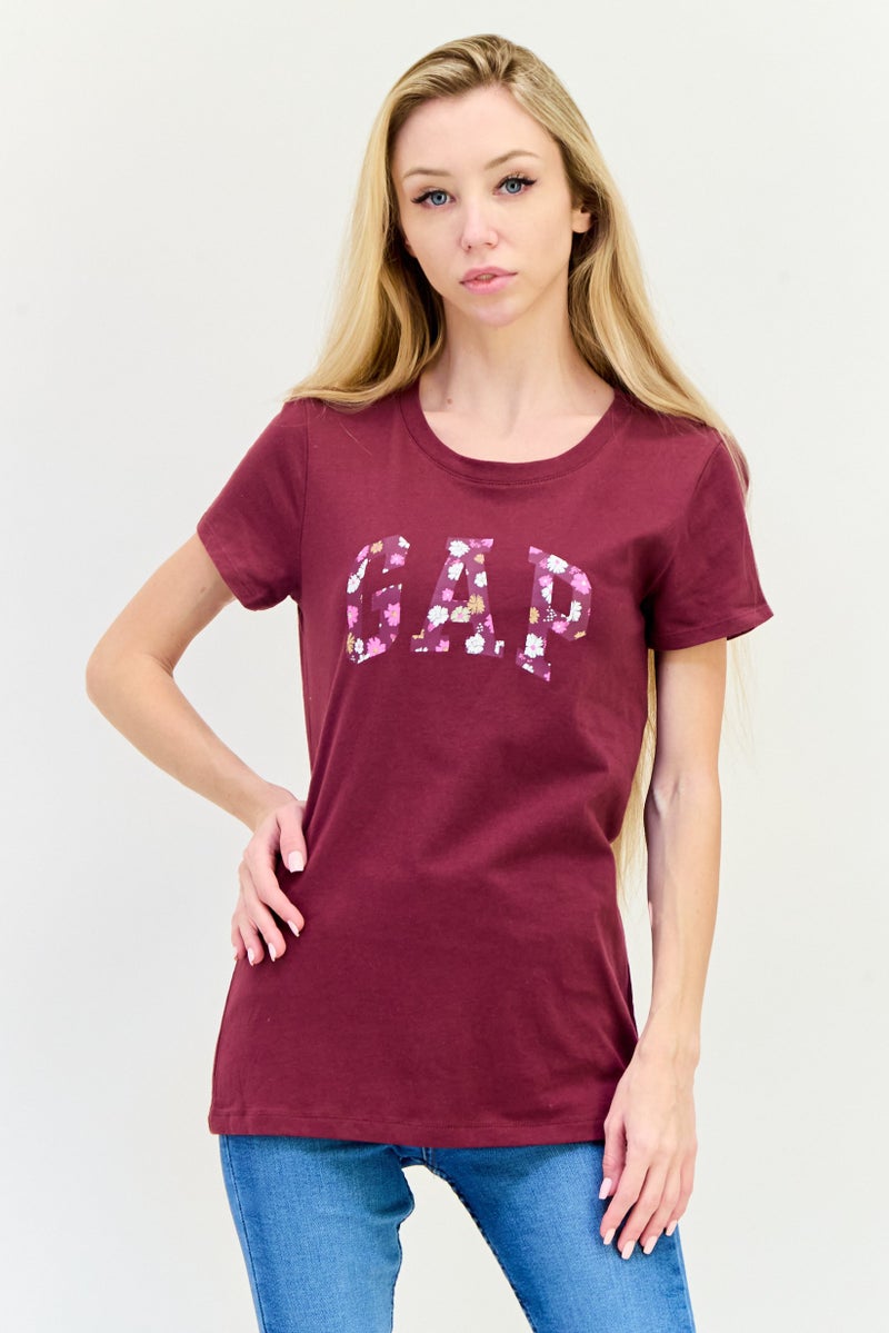 GAP Women Crew Neck Short Sleeve Graphic Print T-Shirts, Maroon - Image 1