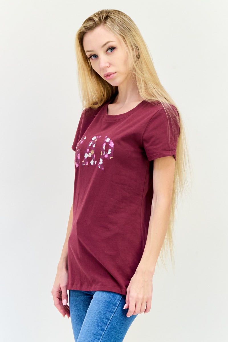 GAP Women Crew Neck Short Sleeve Graphic Print T-Shirts, Maroon - Image 2