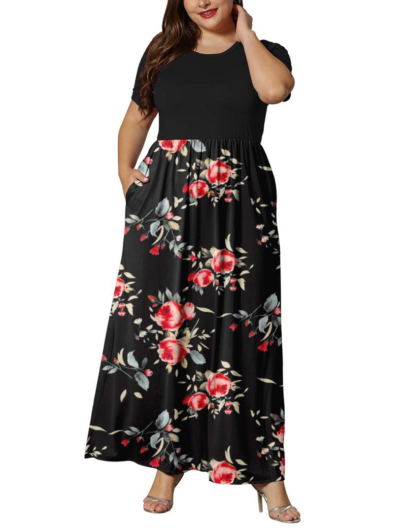 KARALIN Womenâ€™s Plus Size Maxi Dresses for Curvy Women Summer Casual Short Sleeve 2026 Long Dress Black Rose Black 18W - Image 2