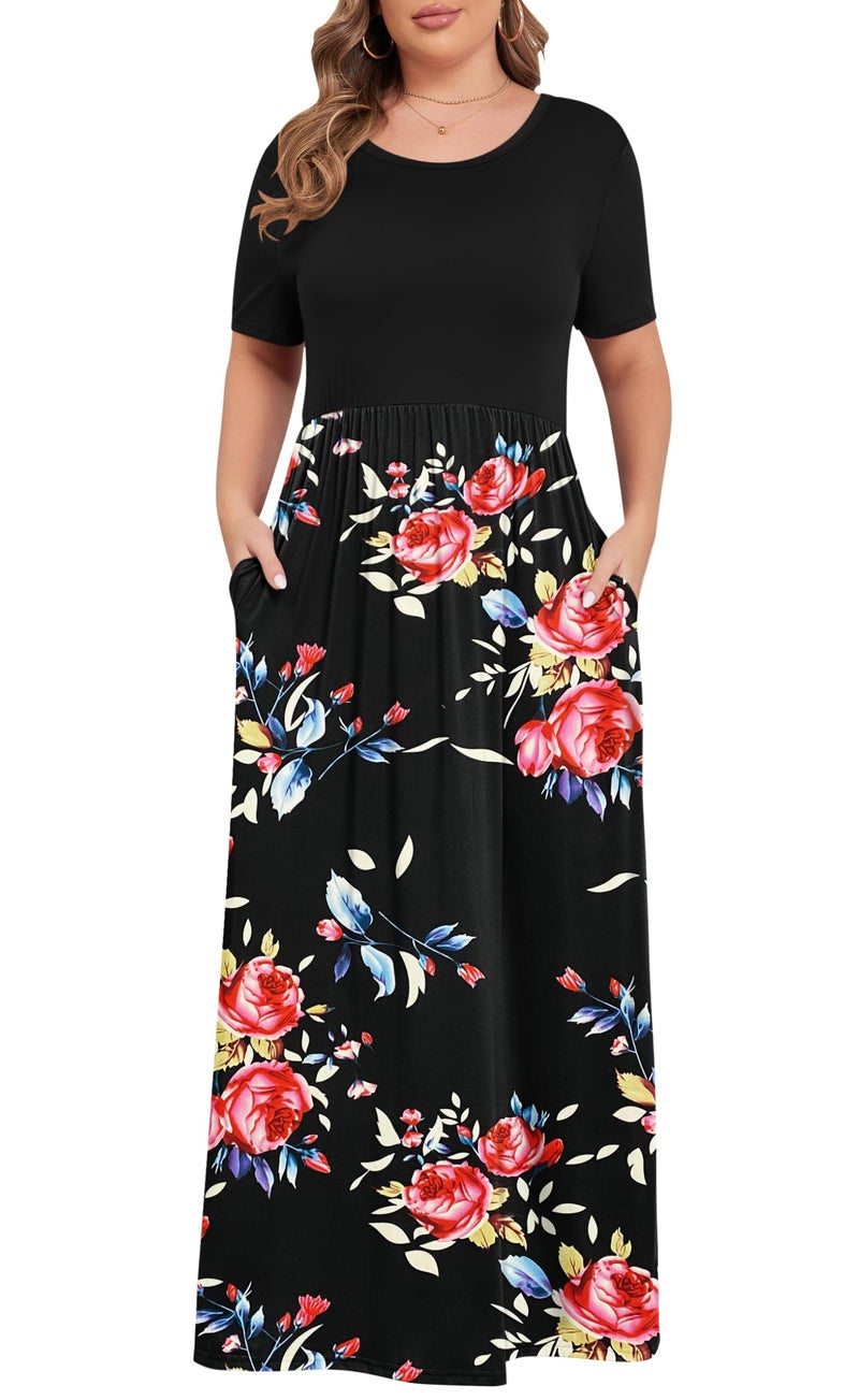 KARALIN Womenâ€™s Plus Size Maxi Dresses for Curvy Women Summer Casual Short Sleeve 2026 Long Dress Black Rose Black 18W - Image 1