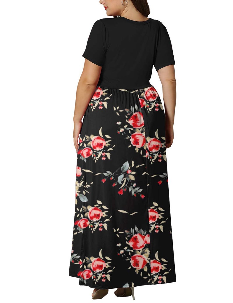 KARALIN Womenâ€™s Plus Size Maxi Dresses for Curvy Women Summer Casual Short Sleeve 2026 Long Dress Black Rose Black 18W - Image 4