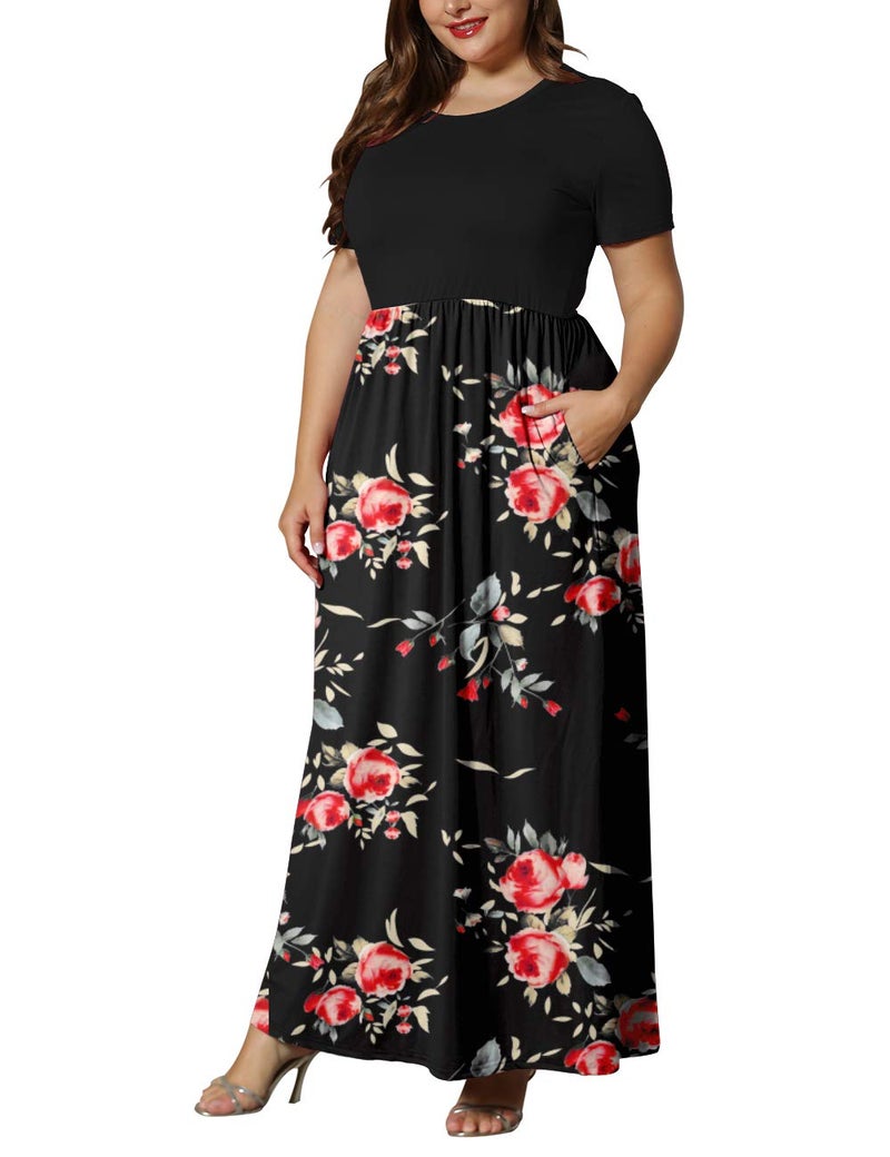 KARALIN Womenâ€™s Plus Size Maxi Dresses for Curvy Women Summer Casual Short Sleeve 2026 Long Dress Black Rose Black 18W - Image 3