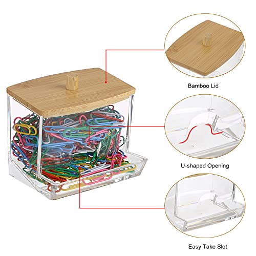 BTSKY Clear Paper Clip Holder with Bamboo Lid Thick Acrylic Self-dispensing Office Supply Accessory Organizer Small Storage Holder Cute Qtip Holder for Office Bathroom Vanity (Clips Not Included) - Image 5