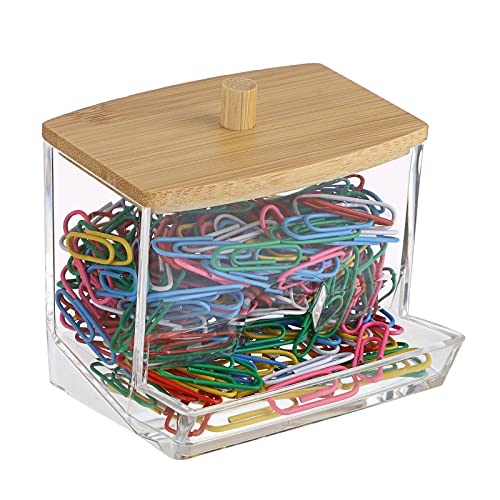BTSKY Clear Paper Clip Holder with Bamboo Lid Thick Acrylic Self-dispensing Office Supply Accessory Organizer Small Storage Holder Cute Qtip Holder for Office Bathroom Vanity (Clips Not Included) - Image 1