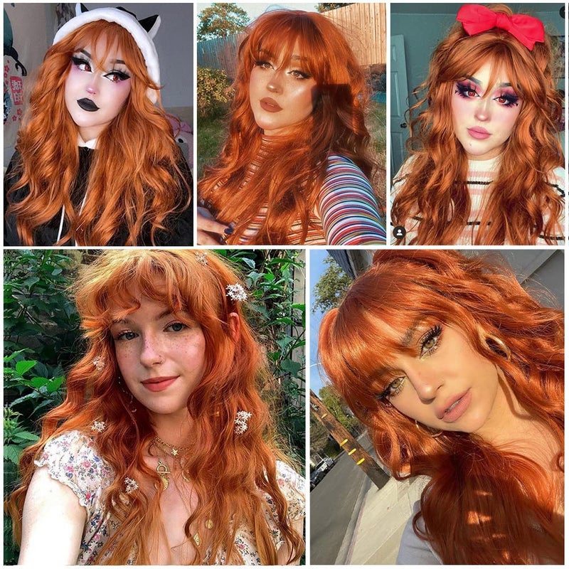 QD-Tizer Ginger Orange Color Loose Wave Hair Replacement Wigs for Fashion Women Heat Resistant Synthetic No Lace Wigs with Full Bangs - Image 5