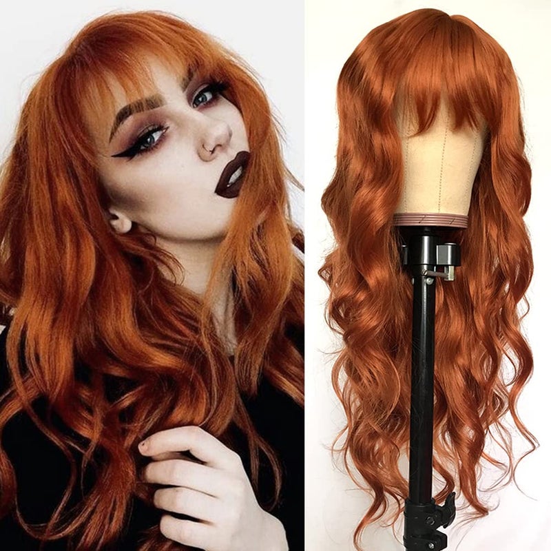 QD-Tizer Ginger Orange Color Loose Wave Hair Replacement Wigs for Fashion Women Heat Resistant Synthetic No Lace Wigs with Full Bangs - Image 1