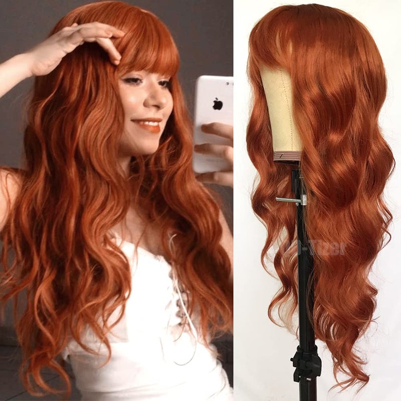 QD-Tizer Ginger Orange Color Loose Wave Hair Replacement Wigs for Fashion Women Heat Resistant Synthetic No Lace Wigs with Full Bangs - Image 4
