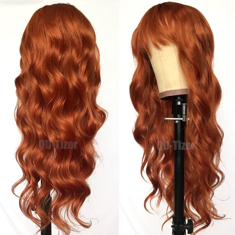 QD-Tizer Ginger Orange Color Loose Wave Hair Replacement Wigs for Fashion Women Heat Resistant Synthetic No Lace Wigs with Full Bangs - Image 3
