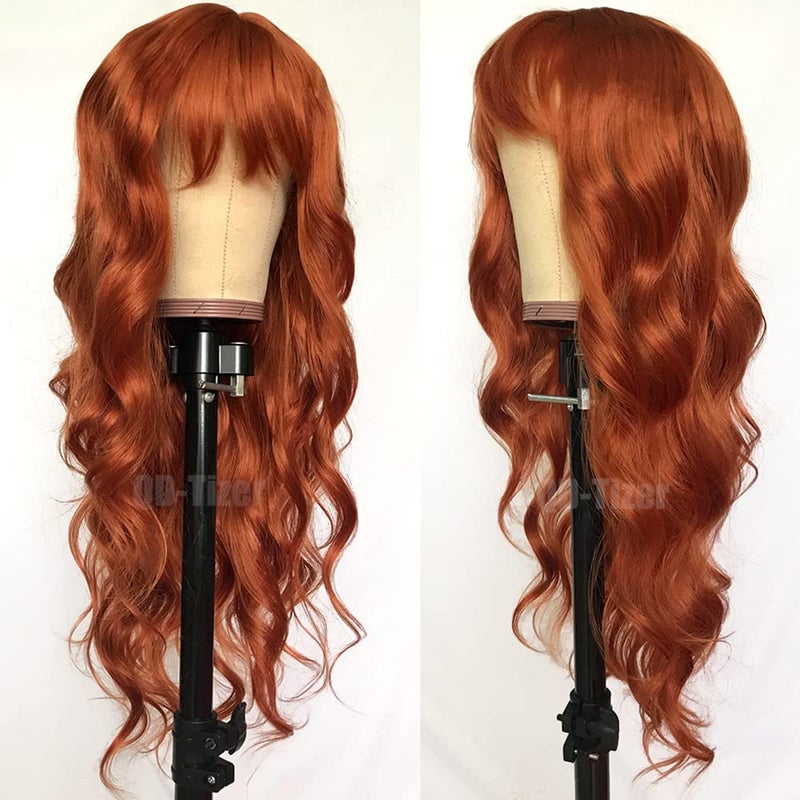 QD-Tizer Ginger Orange Color Loose Wave Hair Replacement Wigs for Fashion Women Heat Resistant Synthetic No Lace Wigs with Full Bangs - Image 2