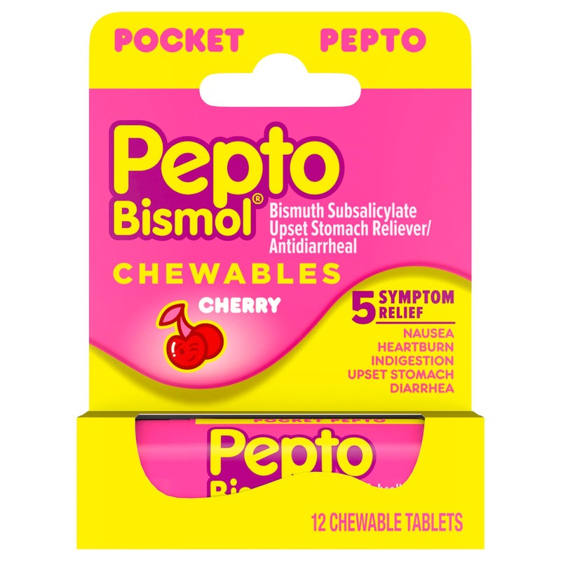 Pepto Bismol Cherry Chewable Tablets, Pocket To-Go, Upset Stomach Relief, Nausea Relief, Heartburn Relief, Indigestion Relief, Anti Diarrhea Medication for Adults - 5 Symptom Relief, 12 ct - Image 1