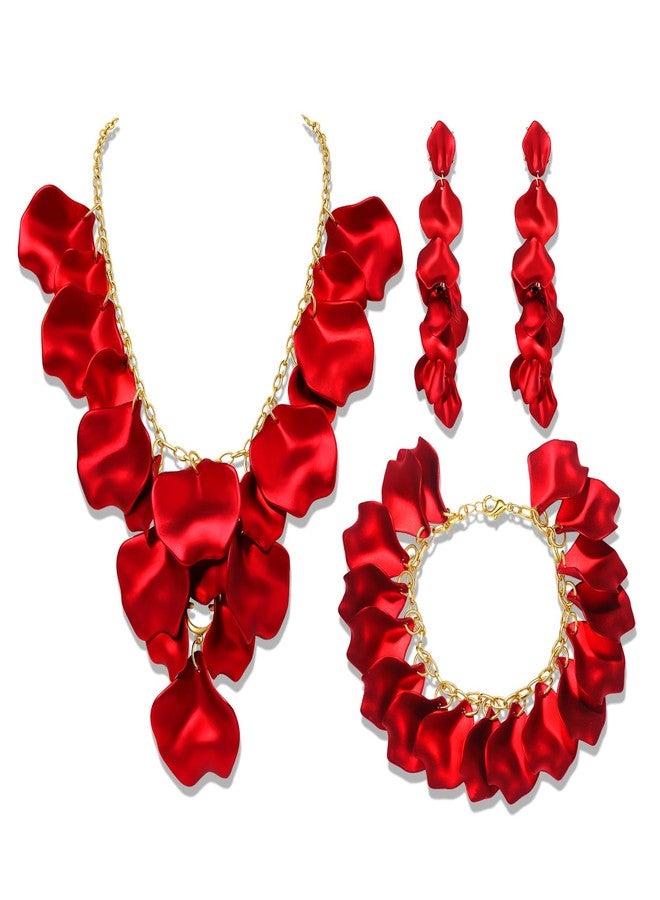 مولوك طقم مجوهرات مولوخ الأحمر للنساء، قلادة وأقراط وأساور بتلات الورد، إكسسوارات مميزة متعددة الطبقات، مجوهرات مثالية لحفلات الصيف والشاطئ، هدايا رائعة - Image 1