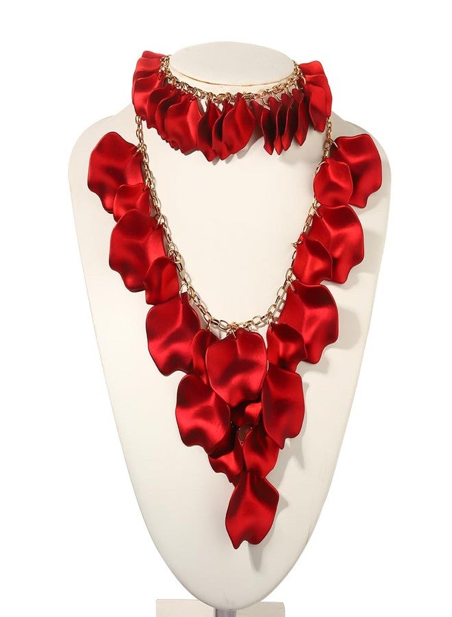 مولوك طقم مجوهرات مولوخ الأحمر للنساء، قلادة وأقراط وأساور بتلات الورد، إكسسوارات مميزة متعددة الطبقات، مجوهرات مثالية لحفلات الصيف والشاطئ، هدايا رائعة - Image 5