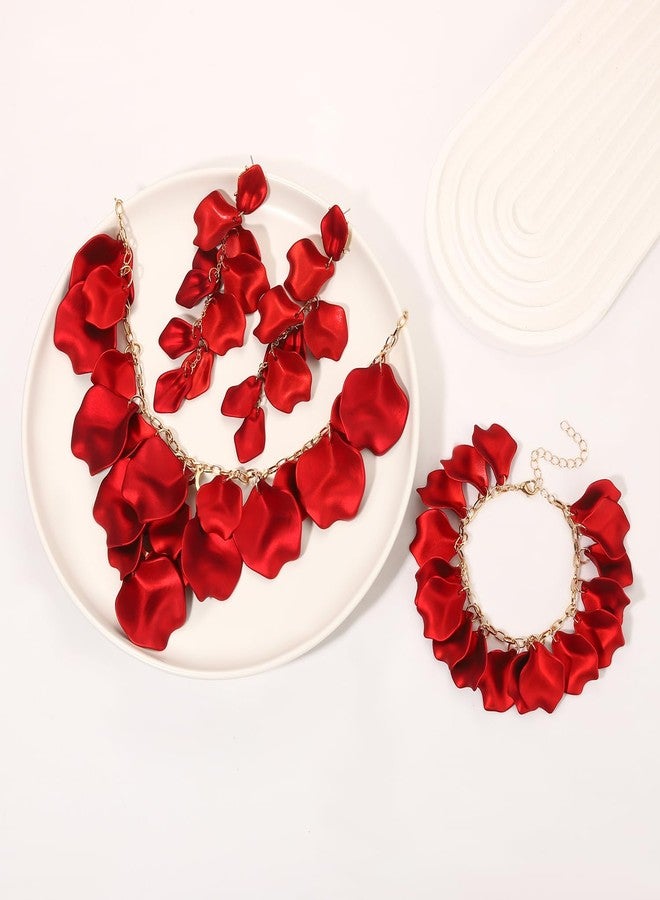 مولوك طقم مجوهرات مولوخ الأحمر للنساء، قلادة وأقراط وأساور بتلات الورد، إكسسوارات مميزة متعددة الطبقات، مجوهرات مثالية لحفلات الصيف والشاطئ، هدايا رائعة - Image 3