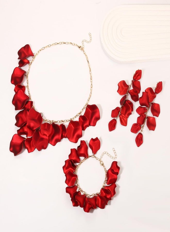 مولوك طقم مجوهرات مولوخ الأحمر للنساء، قلادة وأقراط وأساور بتلات الورد، إكسسوارات مميزة متعددة الطبقات، مجوهرات مثالية لحفلات الصيف والشاطئ، هدايا رائعة - Image 2