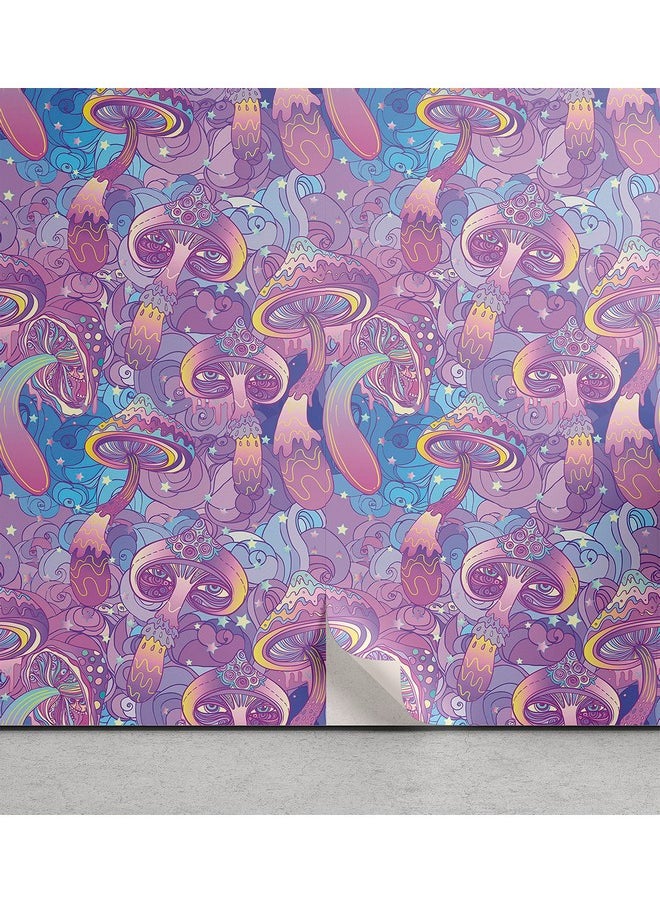 Lunarable - Mushroom Peel & Stick Wallpaper For Home Compositions Trippy Swirls Eyes Dreamlike Selfadhesive Living Room Kitchen Accent 13 X 100 Purple Pale Blue Yellow - Image 1
